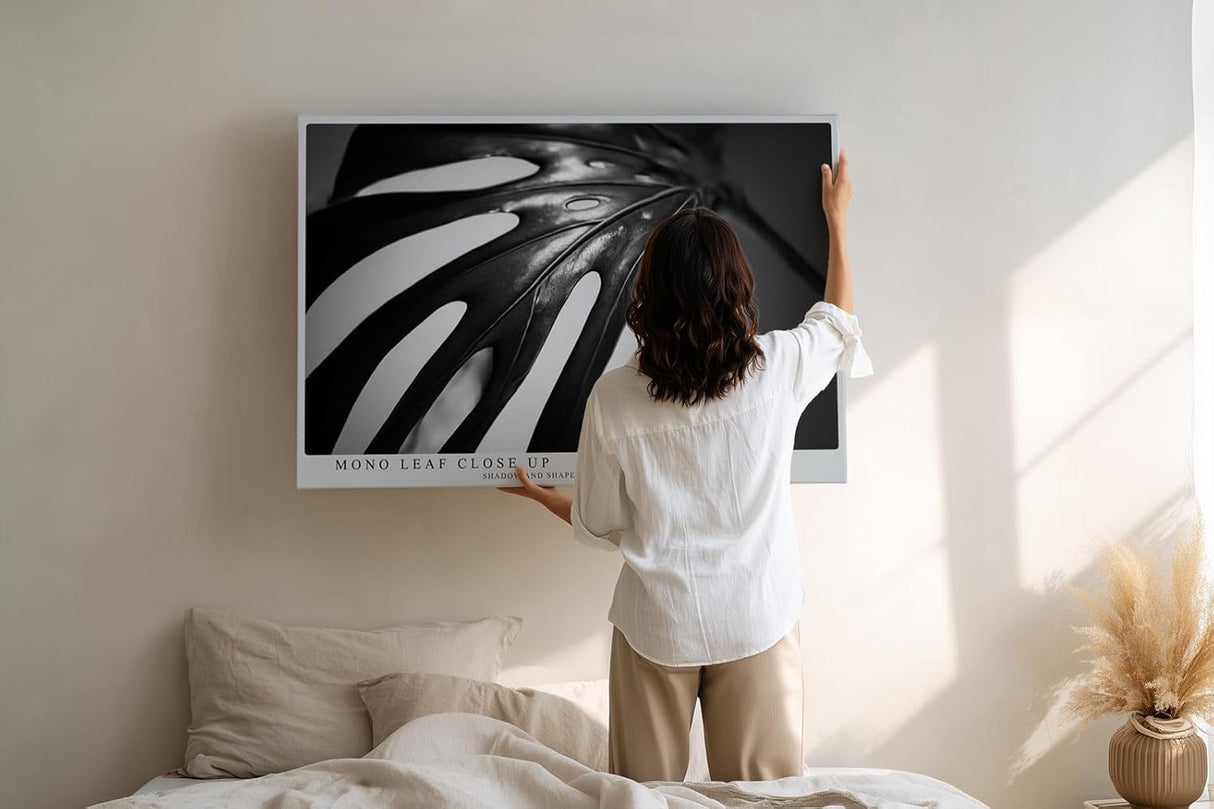 Paul Sinus Wandbild 120x80cm Monstera Blatt schwarz weiß Makro Pflanzenstruktur minimalistische Naturfotografie moderne botanische