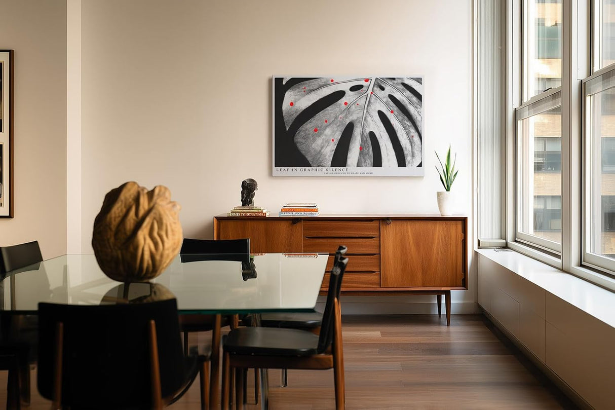 Paul Sinus Wandbild 120x80cm Monstera Blatt schwarz weiss minimalistische Natur Kunst modern grafisches Blattmotiv Kunstdruck grosses Wandbild 120x80cm elegante Wanddekoration fuer Wohnzimmer Büro