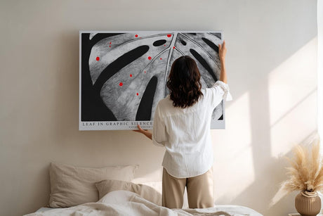 Paul Sinus Wandbild 120x80cm Monstera Blatt schwarz weiss minimalistische Natur Kunst modern grafisches Blattmotiv Kunstdruck grosses Wandbild 120x80cm elegante Wanddekoration fuer Wohnzimmer Büro