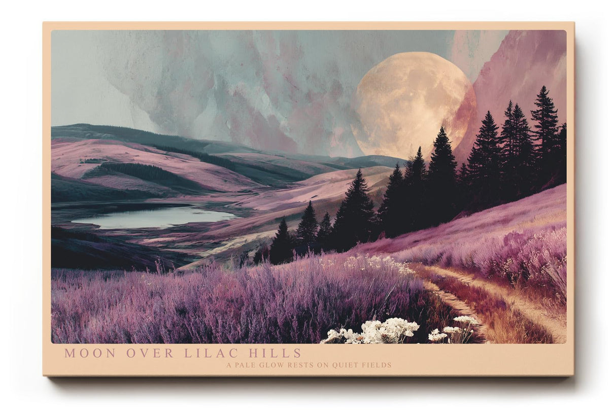 Paul Sinus Wandbild 120x80cm Moon Over Lilac Hills romantische Landschaft mit Mond und lilafarbenen Hügeln Natur Poster für Wohnzimmer Schlafzimmer