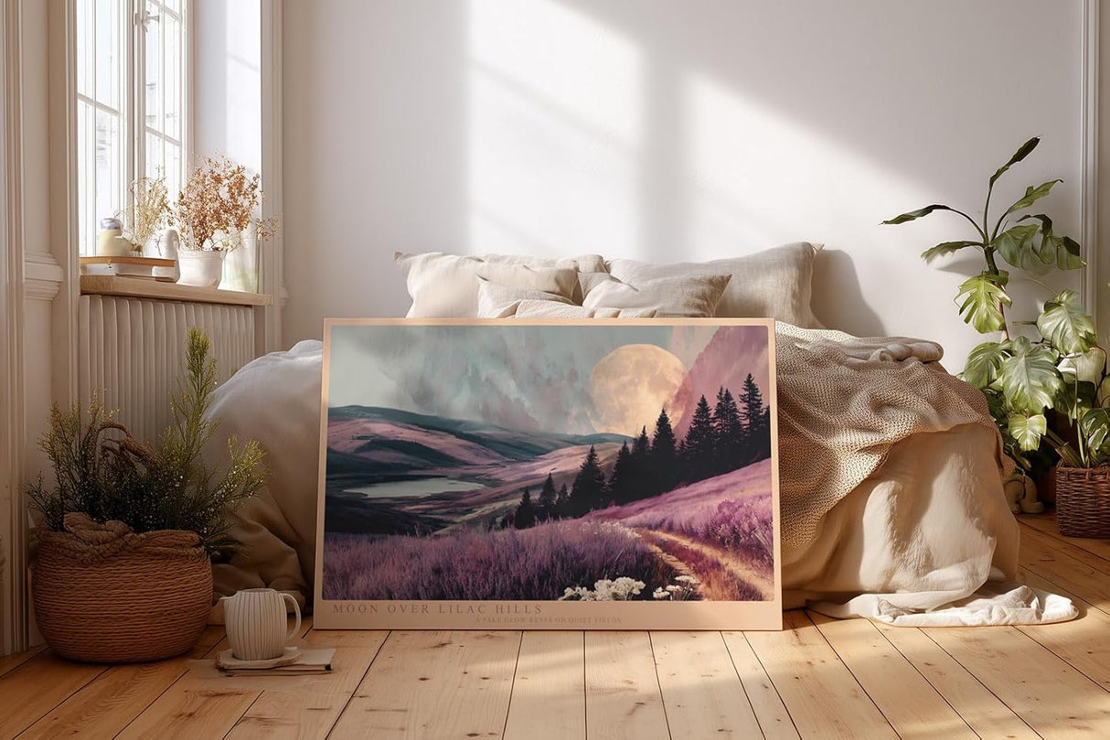 Paul Sinus Wandbild 120x80cm Moon Over Lilac Hills romantische Landschaft mit Mond und lilafarbenen Hügeln Natur Poster für Wohnzimmer Schlafzimmer