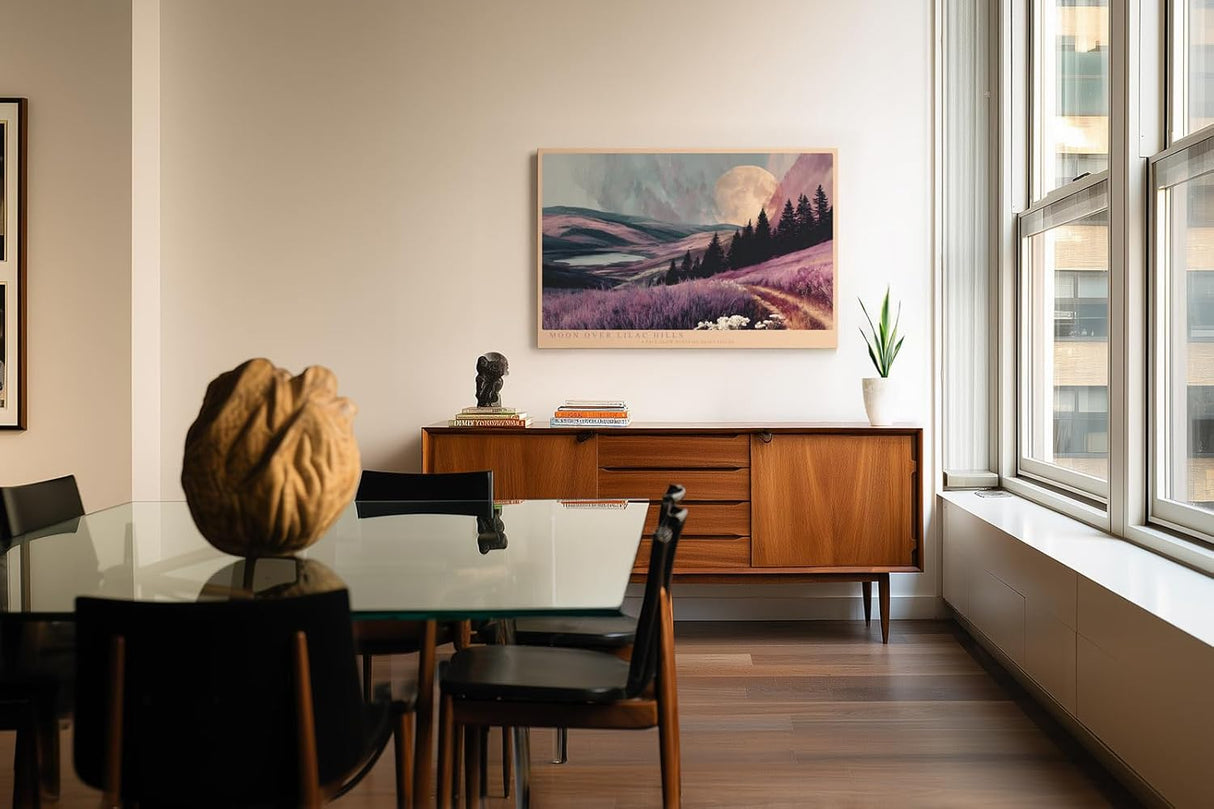 Paul Sinus Wandbild 120x80cm Moon Over Lilac Hills romantische Landschaft mit Mond und lilafarbenen Hügeln Natur Poster für Wohnzimmer Schlafzimmer