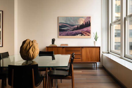 Paul Sinus Wandbild 120x80cm Moon Over Lilac Hills romantische Landschaft mit Mond und lilafarbenen Hügeln Natur Poster für Wohnzimmer Schlafzimmer