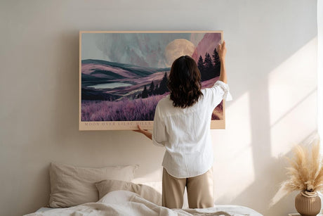 Paul Sinus Wandbild 120x80cm Moon Over Lilac Hills romantische Landschaft mit Mond und lilafarbenen Hügeln Natur Poster für Wohnzimmer Schlafzimmer