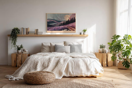 Paul Sinus Wandbild 120x80cm Moon Over Lilac Hills romantische Landschaft mit Mond und lilafarbenen Hügeln Natur Poster für Wohnzimmer Schlafzimmer