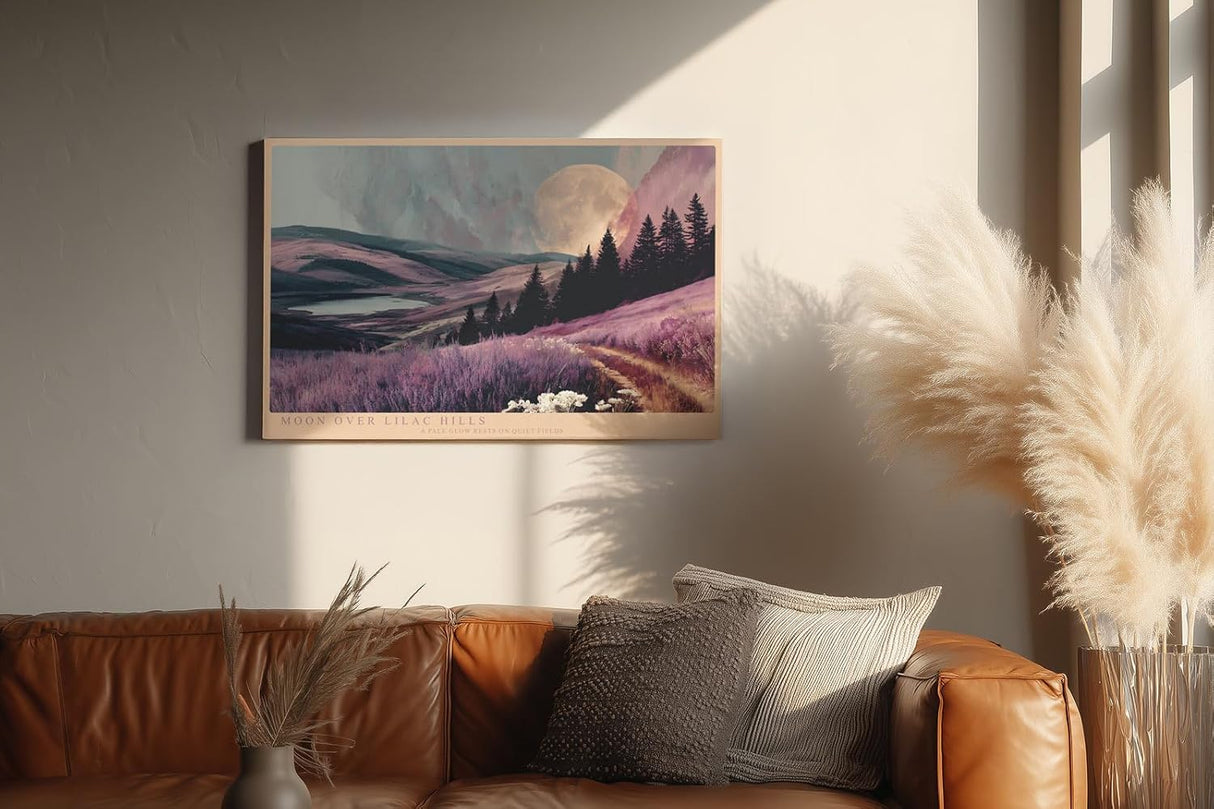 Paul Sinus Wandbild 120x80cm Moon Over Lilac Hills romantische Landschaft mit Mond und lilafarbenen Hügeln Natur Poster für Wohnzimmer Schlafzimmer