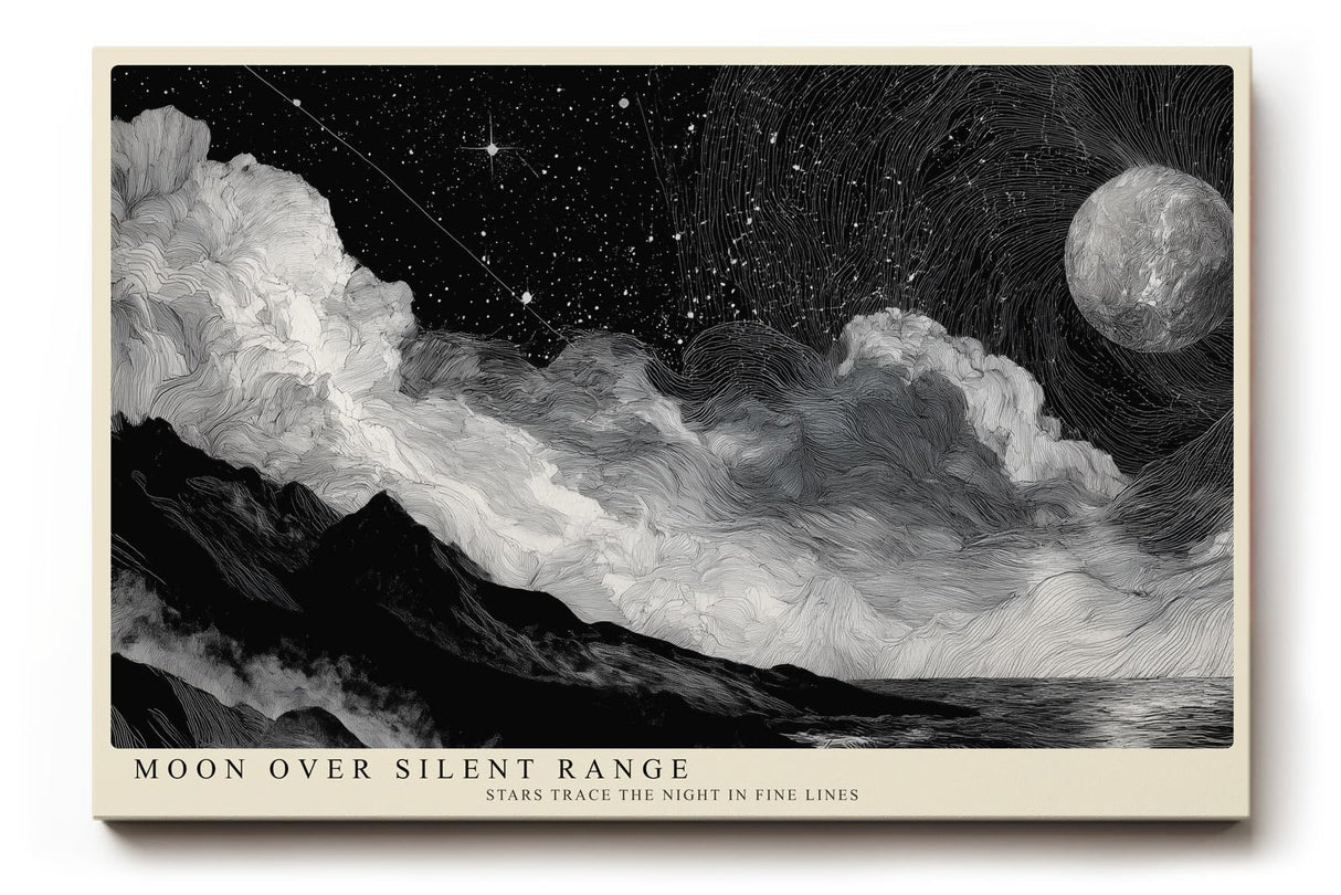 Paul Sinus Wandbild 120x80cm Moon Over Silent Range schwarz weiß Nachtlandschaft mit Mond und Sternenhimmel Kunst Poster für Wohnzimmer Schlafzimmer
