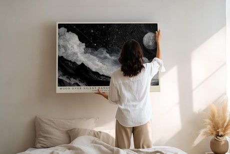 Paul Sinus Wandbild 120x80cm Moon Over Silent Range schwarz weiß Nachtlandschaft mit Mond und Sternenhimmel Kunst Poster für Wohnzimmer Schlafzimmer
