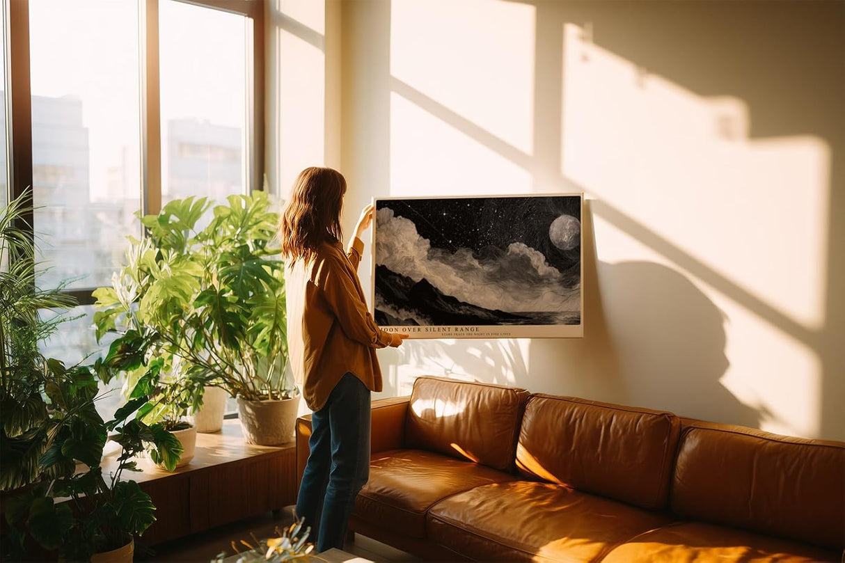 Paul Sinus Wandbild 120x80cm Moon Over Silent Range schwarz weiß Nachtlandschaft mit Mond und Sternenhimmel Kunst Poster für Wohnzimmer Schlafzimmer