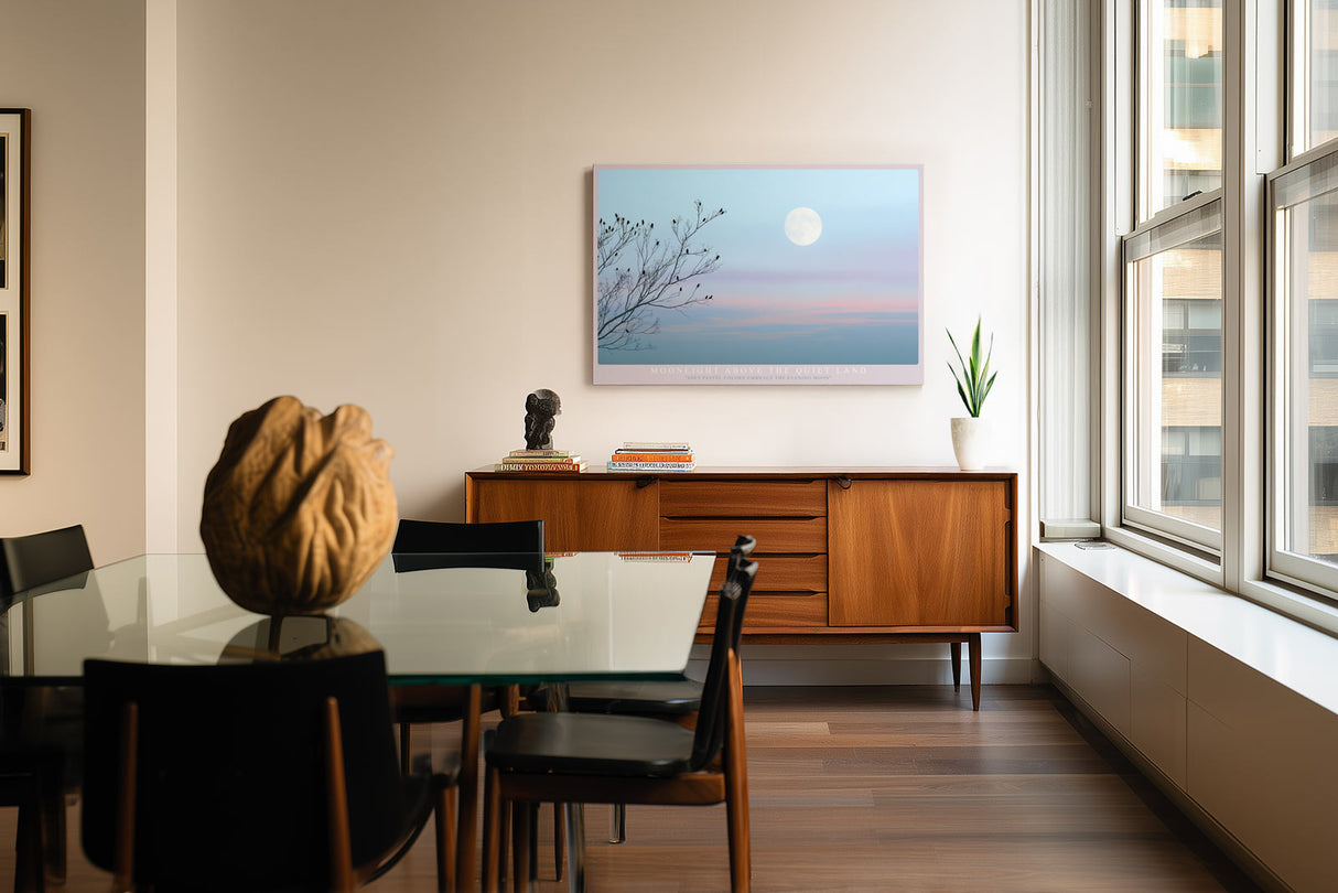 Paul Sinus Wandbild Moonlight Above the Quiet Land – Poetische Abendstimmung mit Vollmond über stiller Landschaft und zarten Zweigen, Symbol für Ruhe und Balance