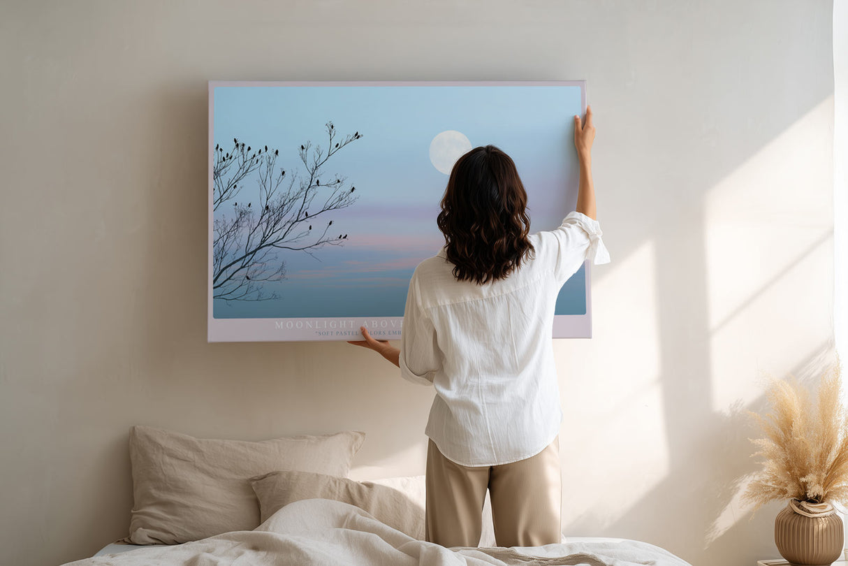 Paul Sinus Wandbild Moonlight Above the Quiet Land – Poetische Abendstimmung mit Vollmond über stiller Landschaft und zarten Zweigen, Symbol für Ruhe und Balance