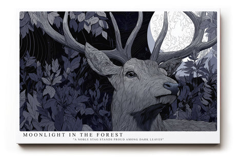 Paul Sinus Wandbild Moonlight in the Forest Mystisches Waldbild mit einem edlen Hirsch im Schein des Mondes, umgeben von dunklen Blättern und tiefem Blau.