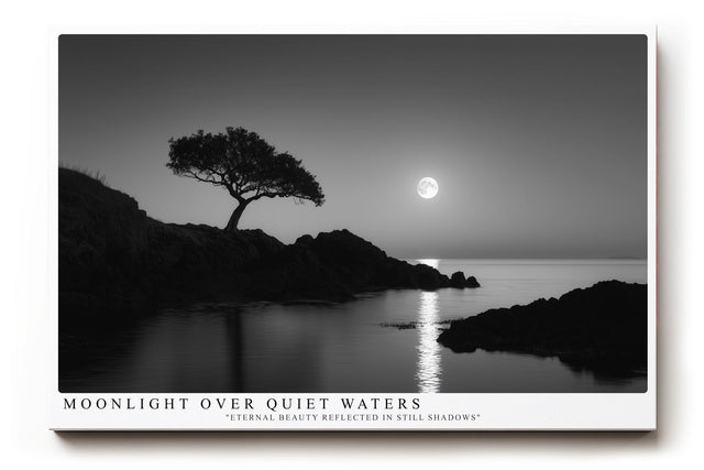 Paul Sinus Wandbild Moonlight over Quiet Waters poetische Schwarz Weiß Landschaft mit ruhigem See und sanftem Mondlicht