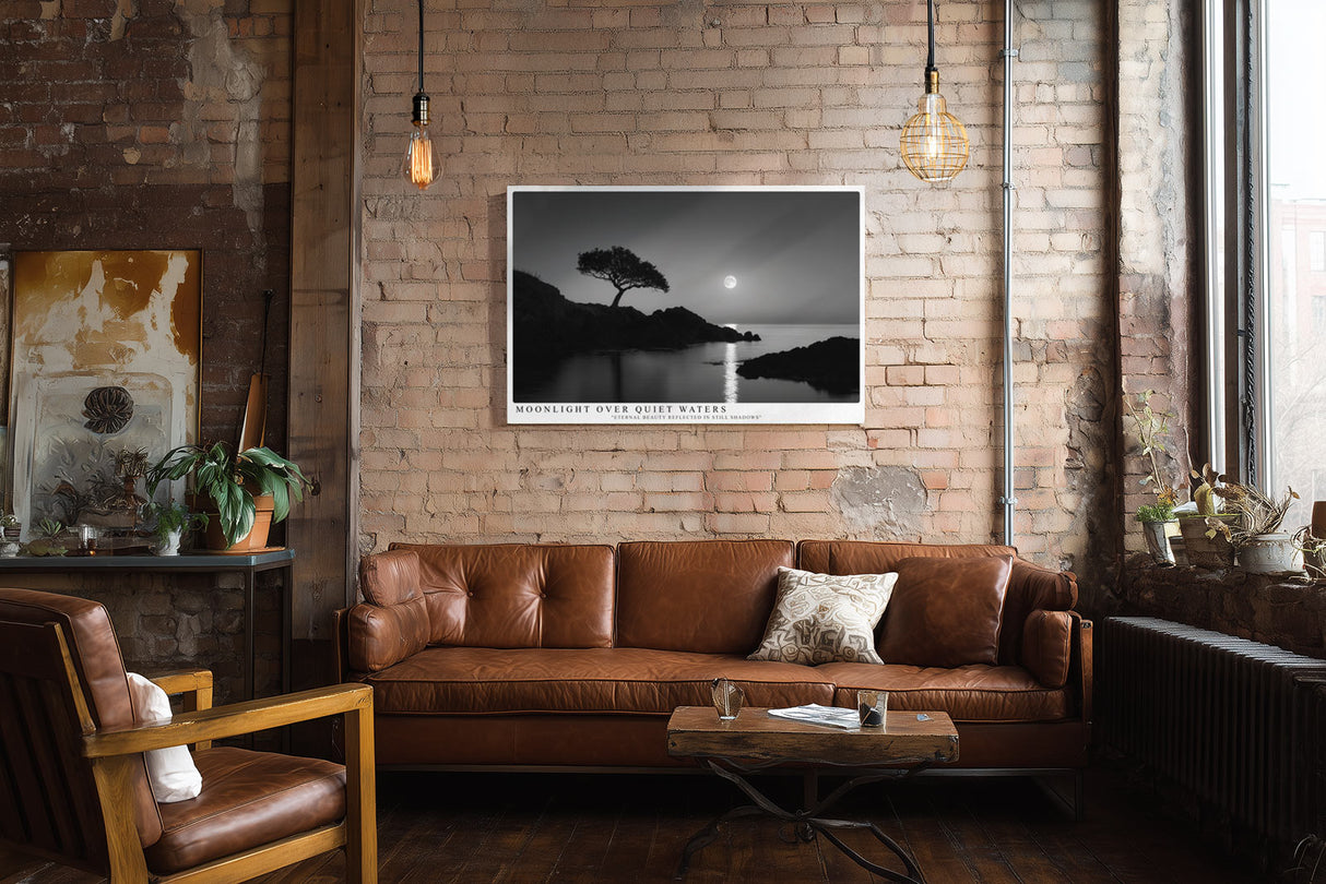 Paul Sinus Wandbild Moonlight over Quiet Waters poetische Schwarz Weiß Landschaft mit ruhigem See und sanftem Mondlicht