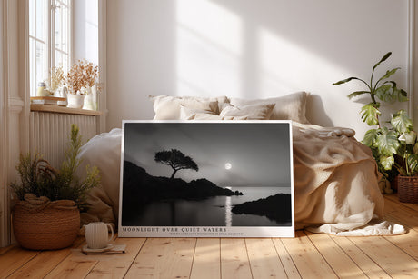 Paul Sinus Wandbild Moonlight over Quiet Waters poetische Schwarz Weiß Landschaft mit ruhigem See und sanftem Mondlicht
