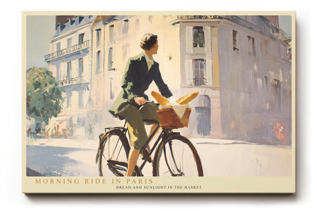 Paul Sinus Wandbild 120x80cm Morning Ride in Paris stilvolle Paris Szene Frau mit Fahrrad und Baguette romantische Stadt Kunst Poster für Wohnzimmer Küche Café
