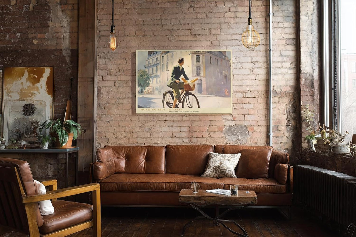 Paul Sinus Wandbild 120x80cm Morning Ride in Paris stilvolle Paris Szene Frau mit Fahrrad und Baguette romantische Stadt Kunst Poster für Wohnzimmer Küche Café