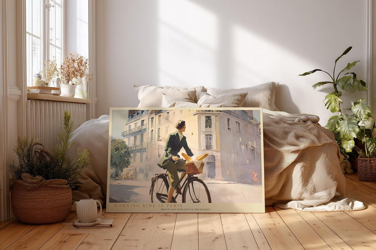 Paul Sinus Wandbild 120x80cm Morning Ride in Paris stilvolle Paris Szene Frau mit Fahrrad und Baguette romantische Stadt Kunst Poster für Wohnzimmer Küche Café