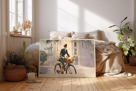 Paul Sinus Wandbild 120x80cm Morning Ride in Paris stilvolle Paris Szene Frau mit Fahrrad und Baguette romantische Stadt Kunst Poster für Wohnzimmer Küche Café