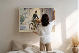 Paul Sinus Wandbild 120x80cm Morning Ride in Paris stilvolle Paris Szene Frau mit Fahrrad und Baguette romantische Stadt Kunst Poster für Wohnzimmer Küche Café