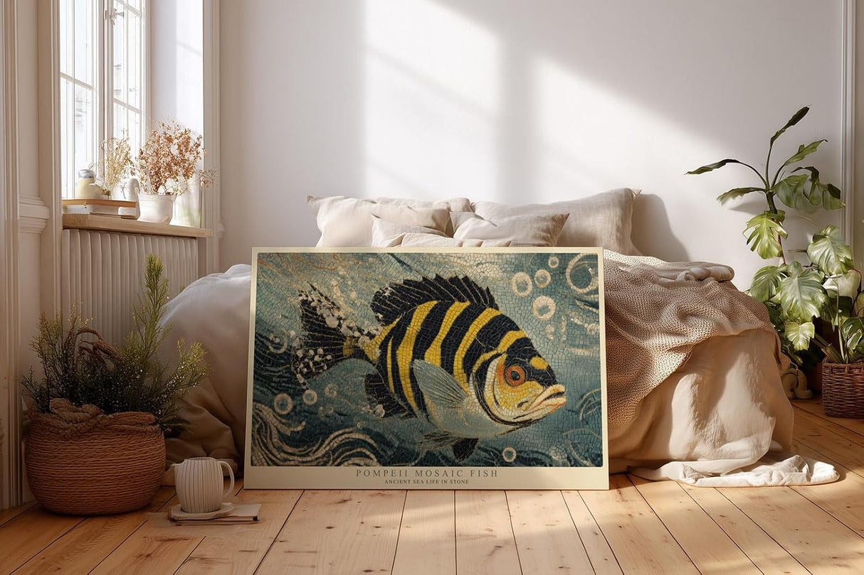 Paul Sinus Wandbild 120x80cm Mosaik Fisch Antike Kunst LeinWandbild 120x80cm Mediterrane Wanddekoration Klassisches Meeresmotiv