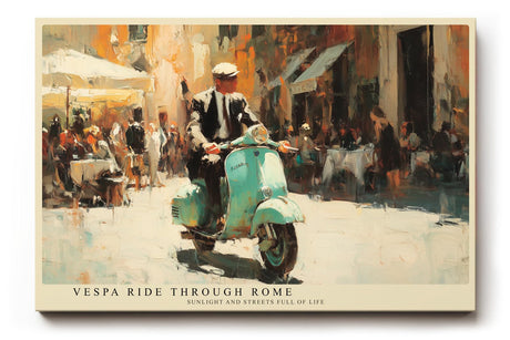 Paul Sinus Wandbild 120x80cm MotorrollerFahrt durch Rom Italienische Stadt Szene Kunst in Warmen Farben für Wohnzimmer Küche Büro