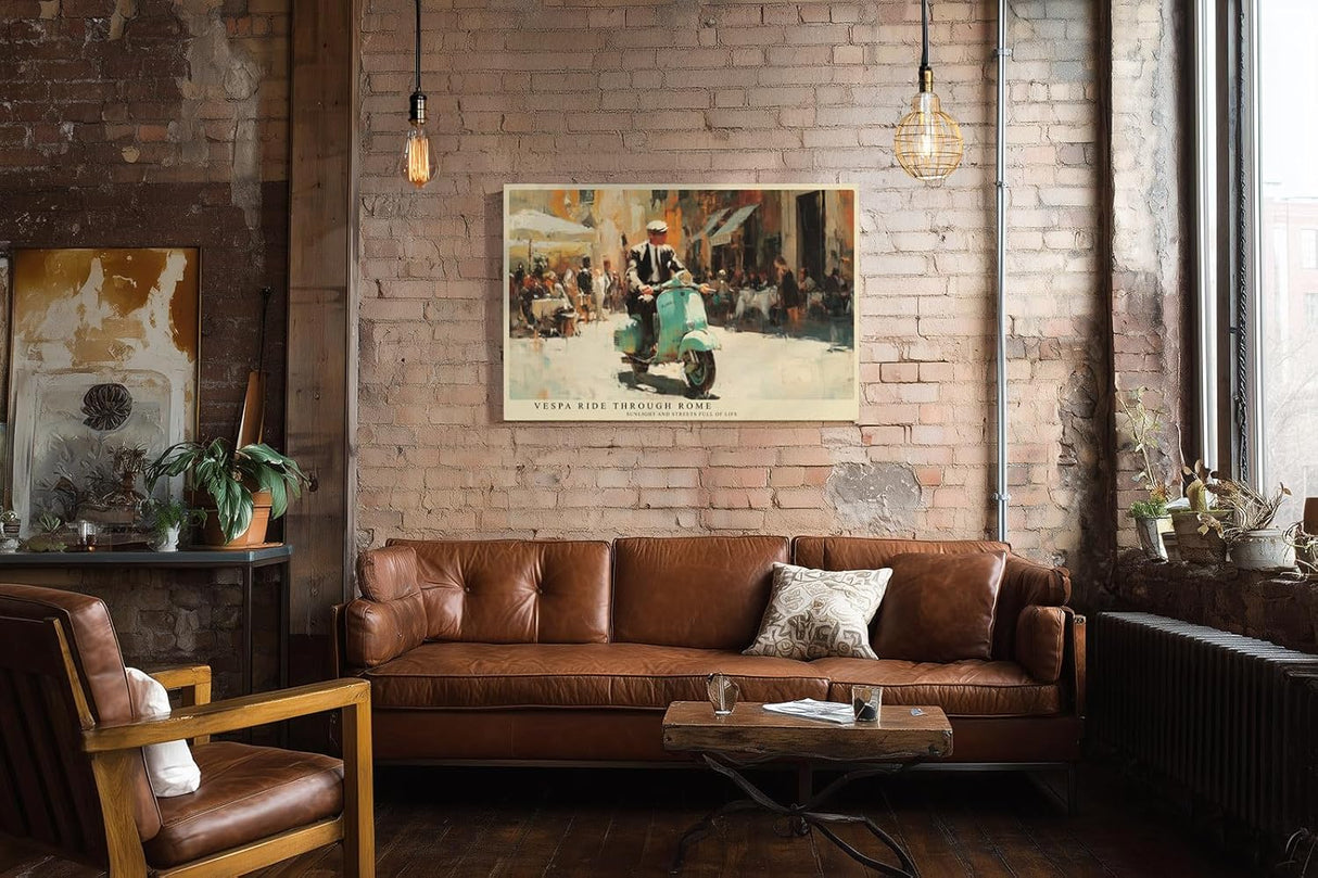 Paul Sinus Wandbild 120x80cm MotorrollerFahrt durch Rom Italienische Stadt Szene Kunst in Warmen Farben für Wohnzimmer Küche Büro