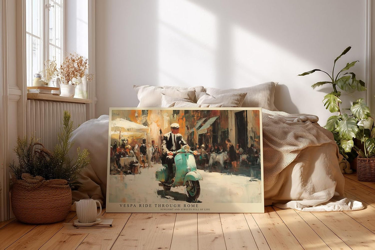 Paul Sinus Wandbild 120x80cm MotorrollerFahrt durch Rom Italienische Stadt Szene Kunst in Warmen Farben für Wohnzimmer Küche Büro