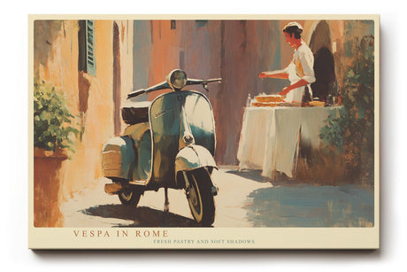 Paul Sinus Wandbild 120x80cm Motorrollerin Rome italienische Straßenszene mit Motorrollerund Bäckerei mediterrane Stadt Kunst Poster für Küche Wohnzimmer Café