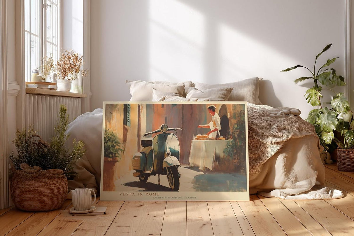 Paul Sinus Wandbild 120x80cm Motorrollerin Rome italienische Straßenszene mit Motorrollerund Bäckerei mediterrane Stadt Kunst Poster für Küche Wohnzimmer Café