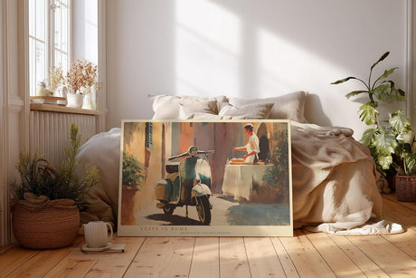 Paul Sinus Wandbild 120x80cm Motorrollerin Rome italienische Straßenszene mit Motorrollerund Bäckerei mediterrane Stadt Kunst Poster für Küche Wohnzimmer Café