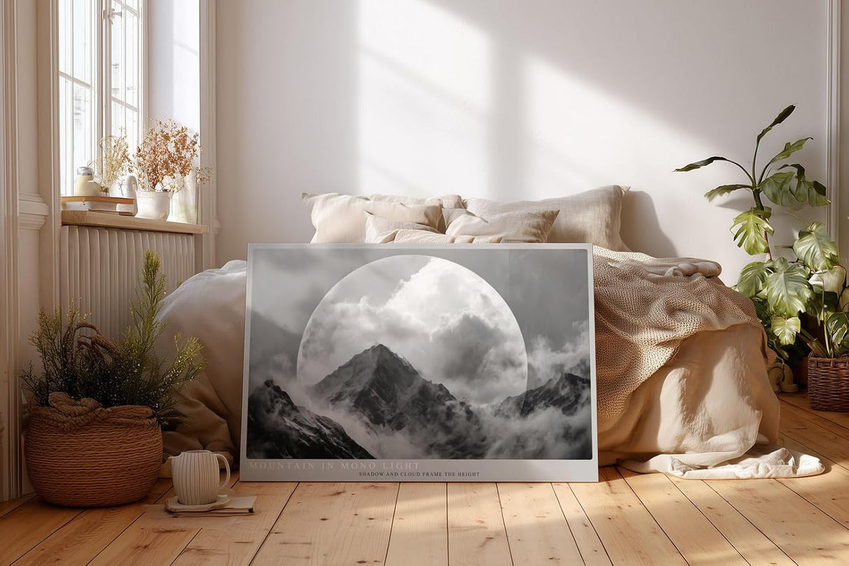 Paul Sinus Wandbild 120x80cm Mountain in Mono Light dramatische schwarz weiß Berglandschaft mit Mond moderne Natur Fotokunst Poster für Wohnzimmer Büro