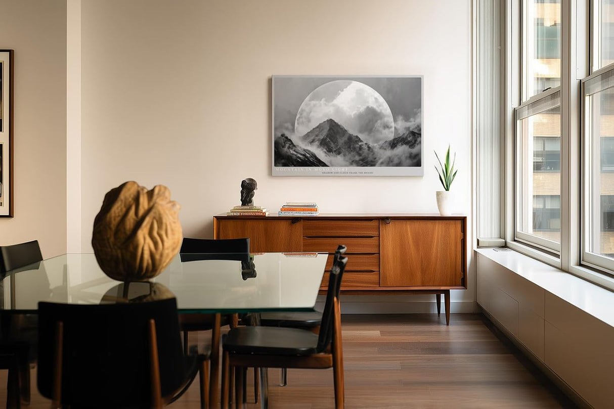 Paul Sinus Wandbild 120x80cm Mountain in Mono Light dramatische schwarz weiß Berglandschaft mit Mond moderne Natur Fotokunst Poster für Wohnzimmer Büro