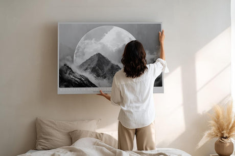 Paul Sinus Wandbild 120x80cm Mountain in Mono Light dramatische schwarz weiß Berglandschaft mit Mond moderne Natur Fotokunst Poster für Wohnzimmer Büro