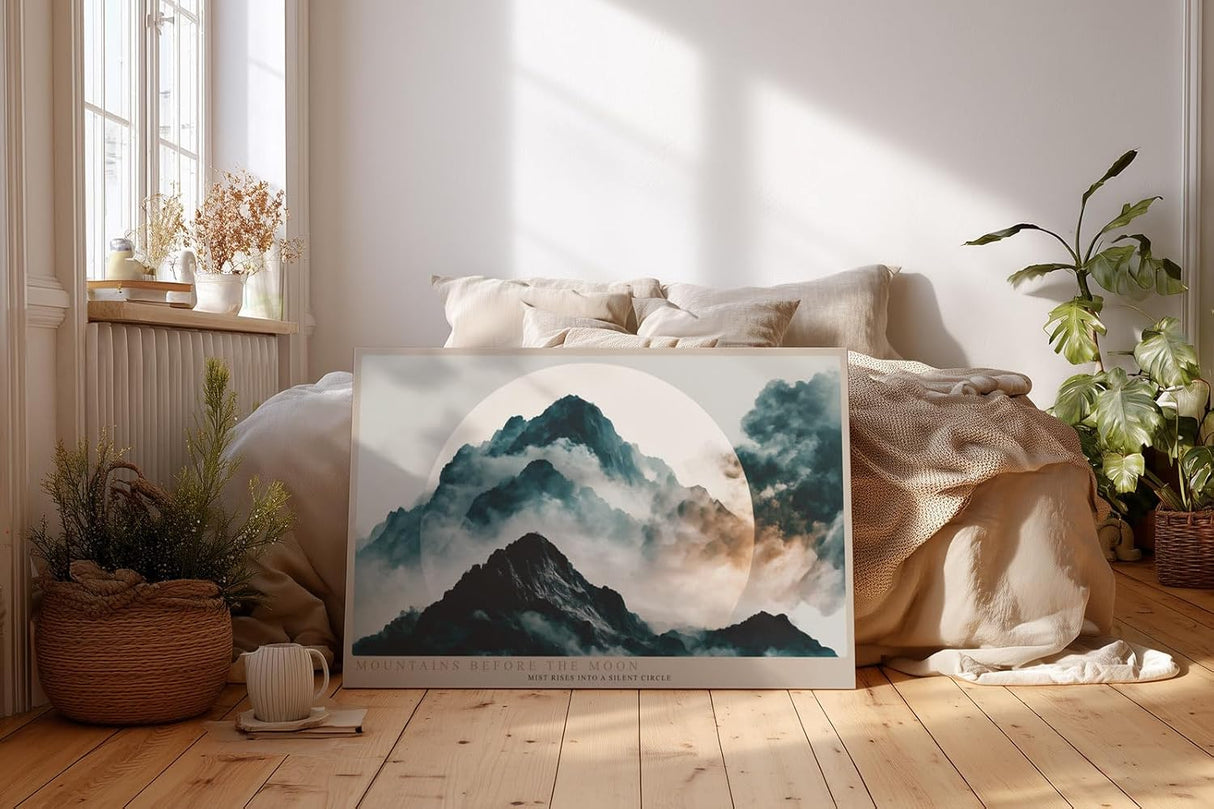 Paul Sinus Wandbild 120x80cm Mountains Before the Moon mystische Berglandschaft mit Mond Nebel moderne Natur Kunst Poster für Wohnzimmer Schlafzimmer Büro