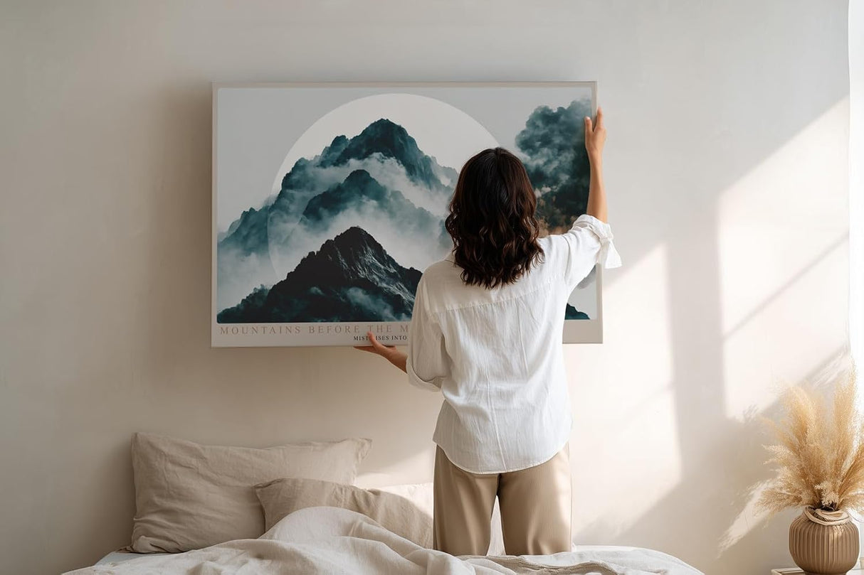 Paul Sinus Wandbild 120x80cm Mountains Before the Moon mystische Berglandschaft mit Mond Nebel moderne Natur Kunst Poster für Wohnzimmer Schlafzimmer Büro