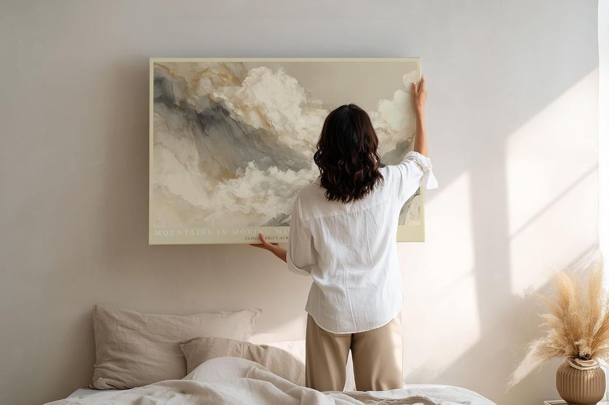 Paul Sinus Wandbild 120x80cm Mountains in Moving Mist asiatische Berglandschaft mit Nebel minimalistische Natur Kunst Poster für Wohnzimmer Schlafzimmer Büro