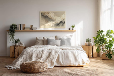 Paul Sinus Wandbild 120x80cm Mountains in Moving Mist asiatische Berglandschaft mit Nebel minimalistische Natur Kunst Poster für Wohnzimmer Schlafzimmer Büro