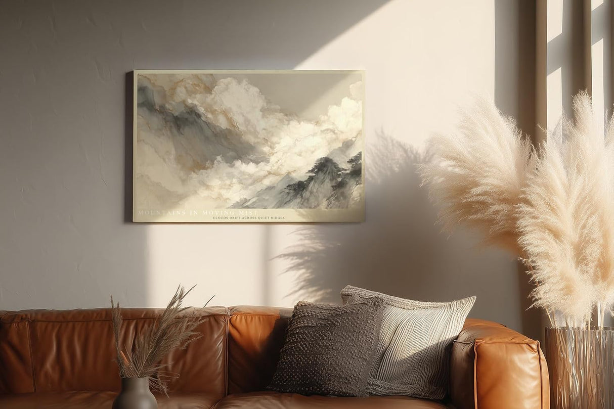 Paul Sinus Wandbild 120x80cm Mountains in Moving Mist asiatische Berglandschaft mit Nebel minimalistische Natur Kunst Poster für Wohnzimmer Schlafzimmer Büro