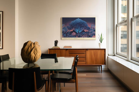 Paul Sinus Wandbild 120x80cm mystische Baumlandschaft Nacht moderne Naturkunst blau violett grosses Landschaftsbild stilvolle Wanddekoration fuer Wohnzimmer Büro