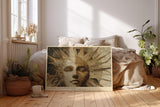 Paul Sinus Wandbild 120x80cm Mystische Sonnenmaske Kunst in Gold und Beige Surreales Gesicht Design für Wohnzimmer Büro und Atelier