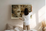 Paul Sinus Wandbild 120x80cm Mystische Sonnenmaske Kunst in Gold und Beige Surreales Gesicht Design für Wohnzimmer Büro und Atelier