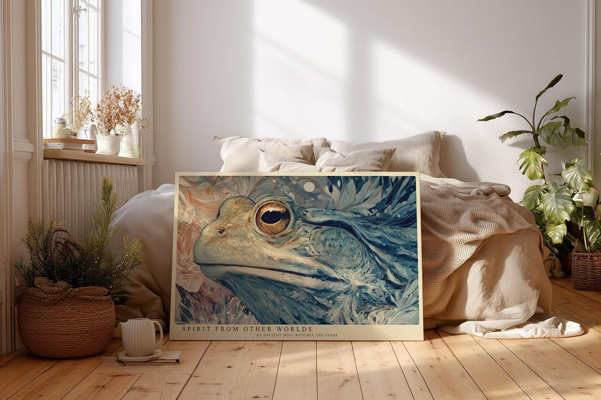Paul Sinus Wandbild 120x80cm Mystischer Leguan in Fantasie Naturkunst Blau Gold Surreale Tierkunst Wanddekoration