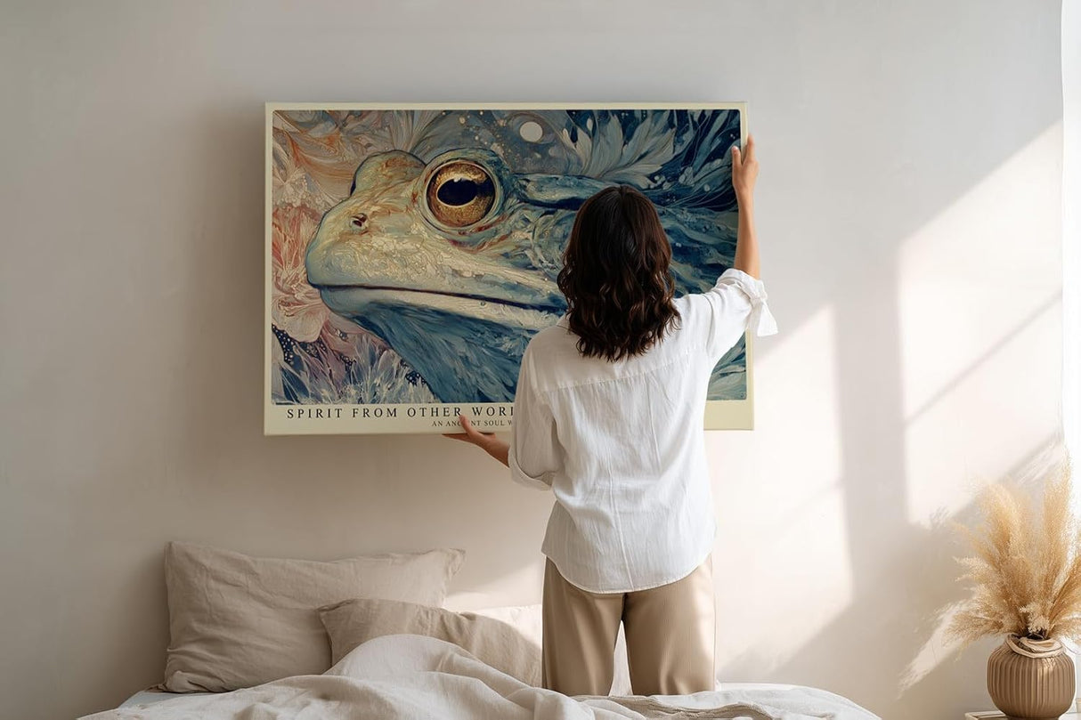 Paul Sinus Wandbild 120x80cm Mystischer Leguan in Fantasie Naturkunst Blau Gold Surreale Tierkunst Wanddekoration
