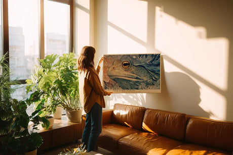 Paul Sinus Wandbild 120x80cm Mystischer Leguan in Fantasie Naturkunst Blau Gold Surreale Tierkunst Wanddekoration
