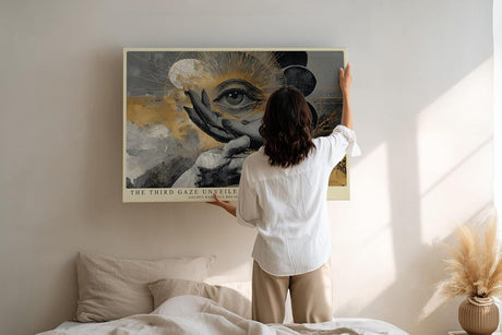 Paul Sinus Wandbild 120x80cm Mystisches Auge Hand Symbol Kunstmotiv Abstrakte spirituelle Illustration in Gold und Schwarz