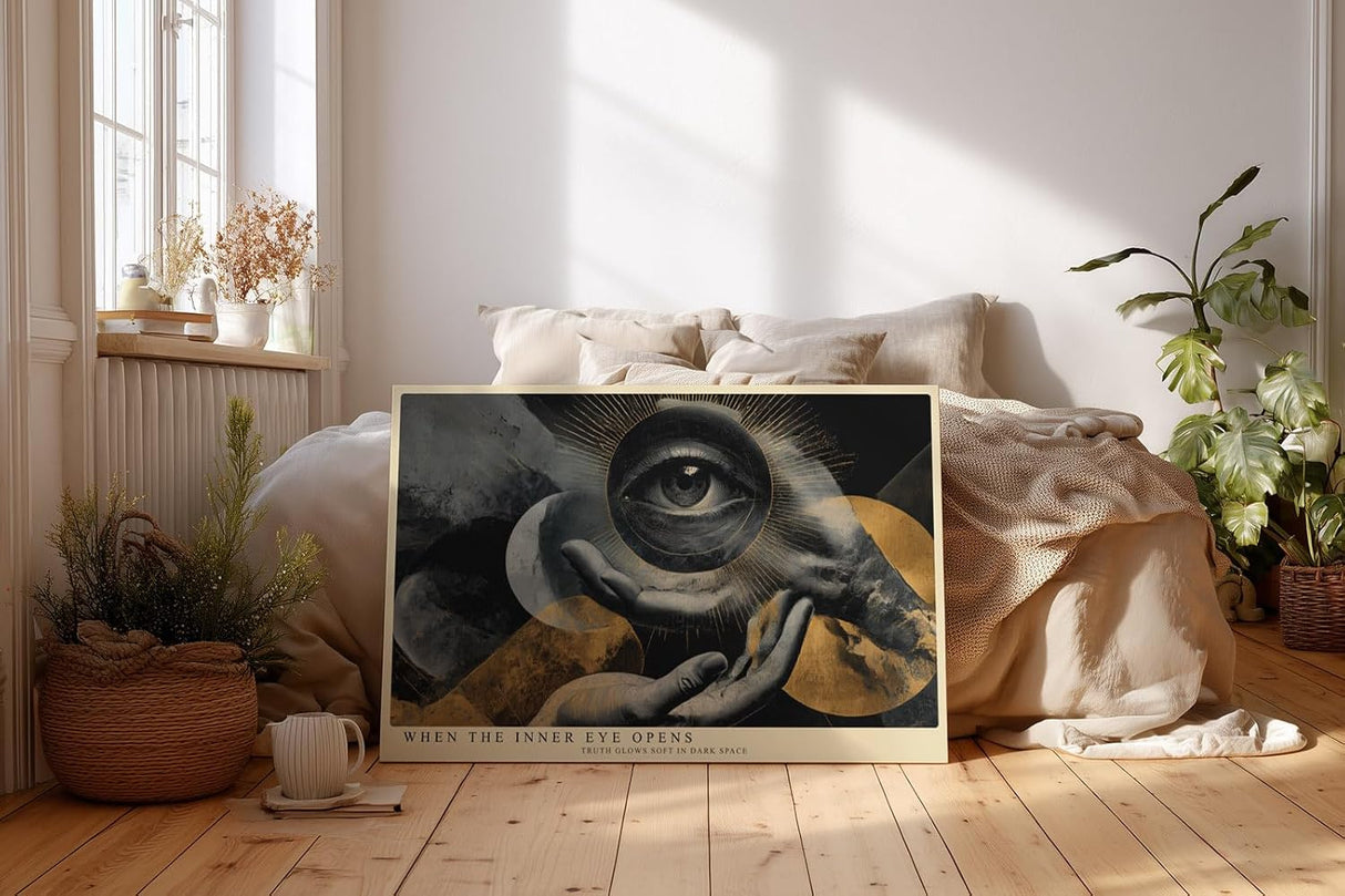 Paul Sinus Wandbild 120x80cm Mystisches Auge in Händen Moderne Surreale Kunst in Schwarz Gold für Wohnzimmer Büro und Atelier