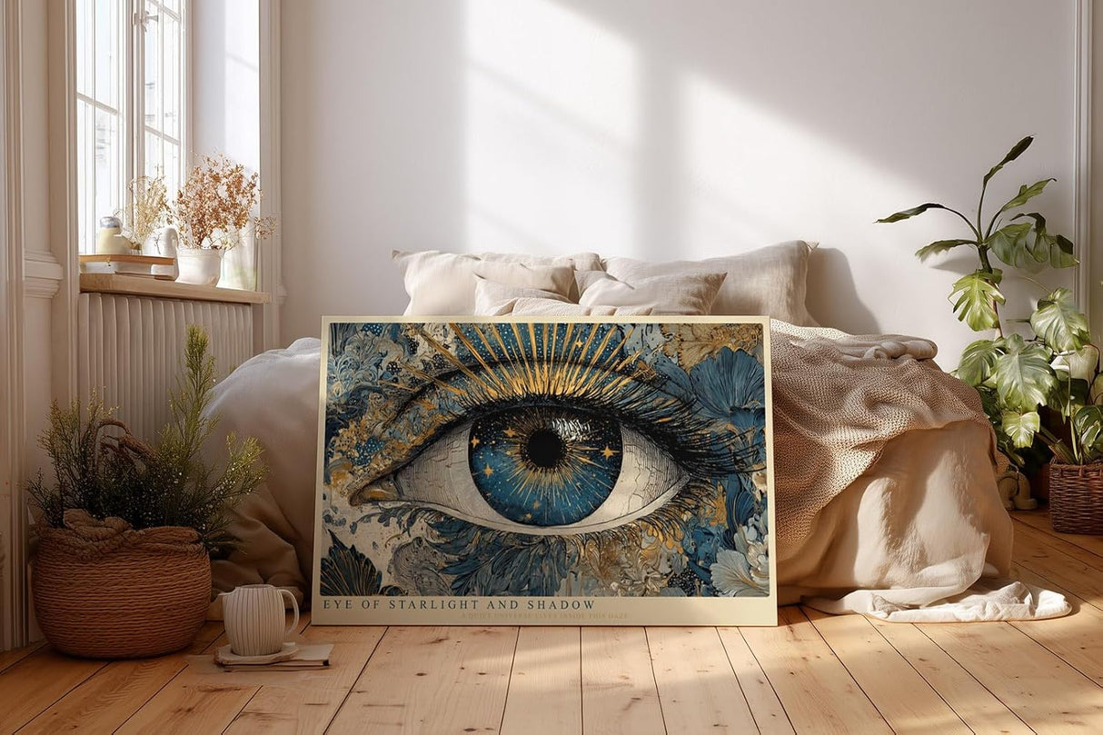 Paul Sinus Wandbild 120x80cm Mystisches Auge Kunst in Blau Gold Kosmisches Design Moderne Wanddekoration für Wohnzimmer Büro und Atelier