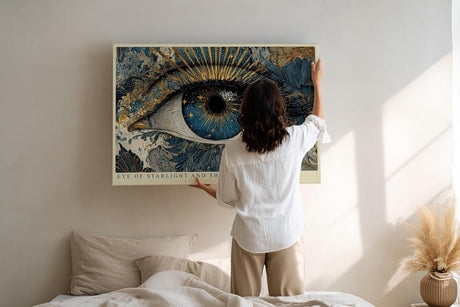 Paul Sinus Wandbild 120x80cm Mystisches Auge Kunst in Blau Gold Kosmisches Design Moderne Wanddekoration für Wohnzimmer Büro und Atelier
