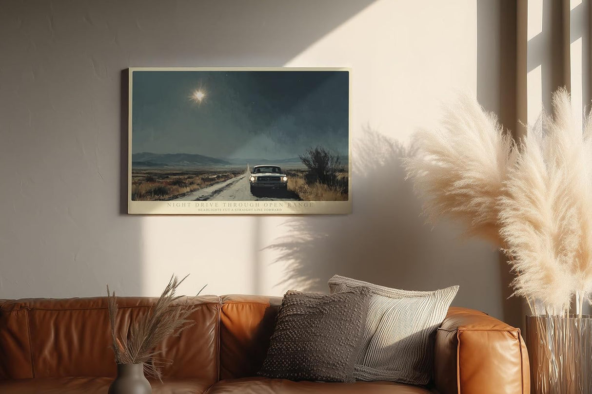 Paul Sinus Wandbild 120x80cm Nachtfahrt auf Landstrasse moderne Landschaft Illustration mit Auto Wanddekoration